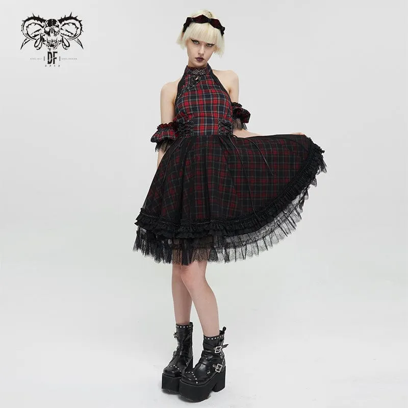Kvinnors Grunge Off Shoulder Cheongsam krage rutig klänning
