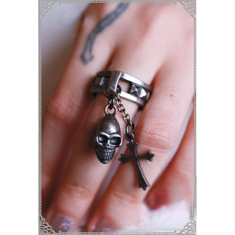 Dam Steampunk Nitar Ring med skalle och kors