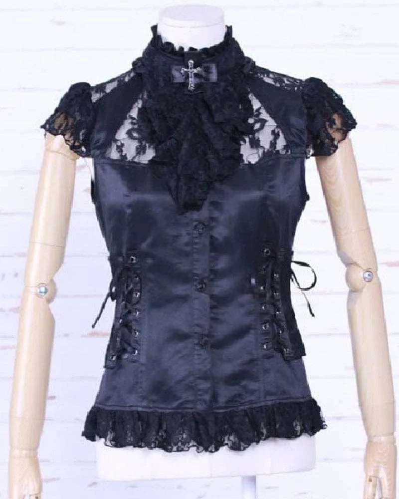 Damer Steampunk Strappy Spets Splash Shirt med halsringning