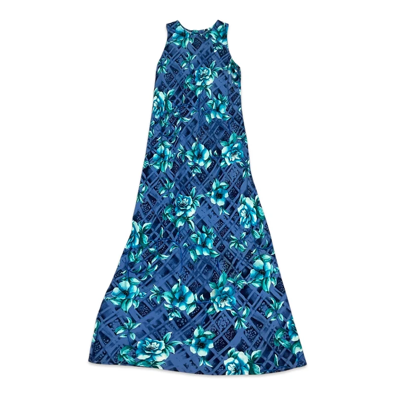 Vintage Blue Floral Maxi Dress 10 12