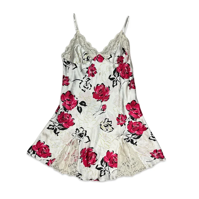 90s Y2K White & Pink Floral Slip Dress 10 12