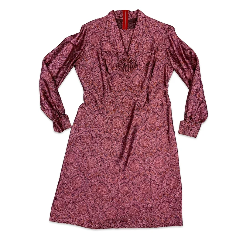 Vintage 60S Lurex Print Party Dress Pink Orange Black 10 12