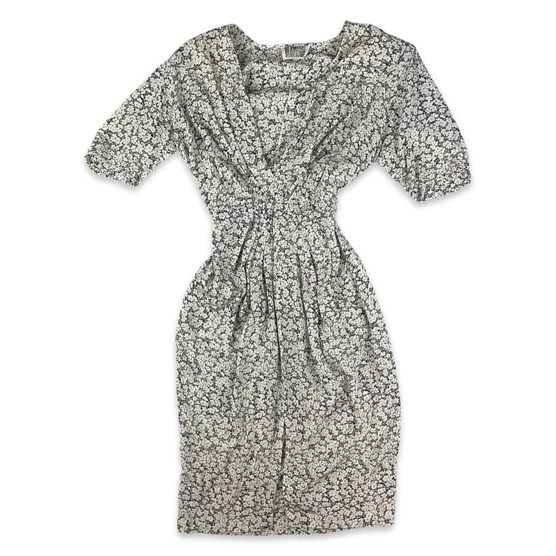 Vintage White & Navy Ditsy Floral Gathered Waist Dress 8 10