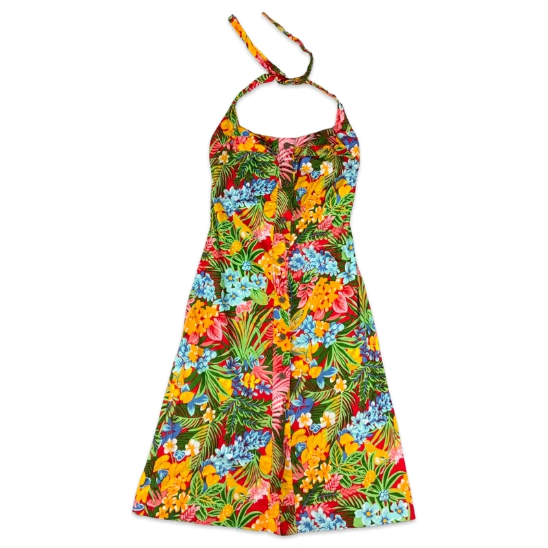Vintage Red Orange Blue Yellow Green Floral Halter Neck Summer Dress 6 8