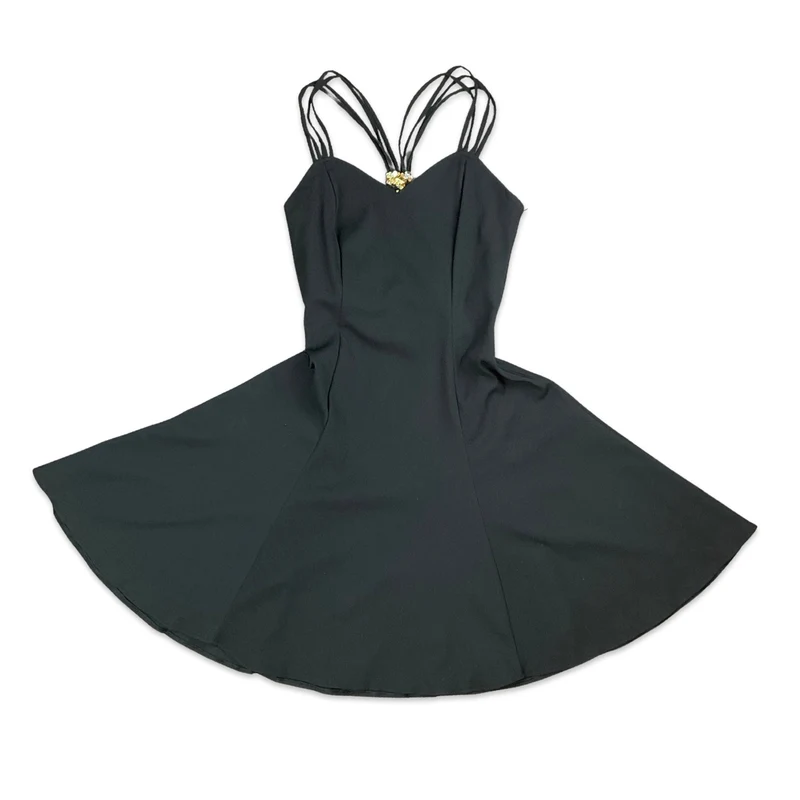 Vintage 90s Black Gold Aline Flared Midi Dress 10 12