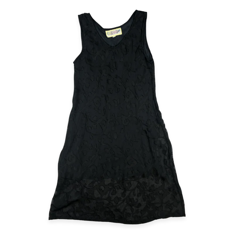 Vintage 80s 90s Black Sheer Floral Sleeveless Dress 8