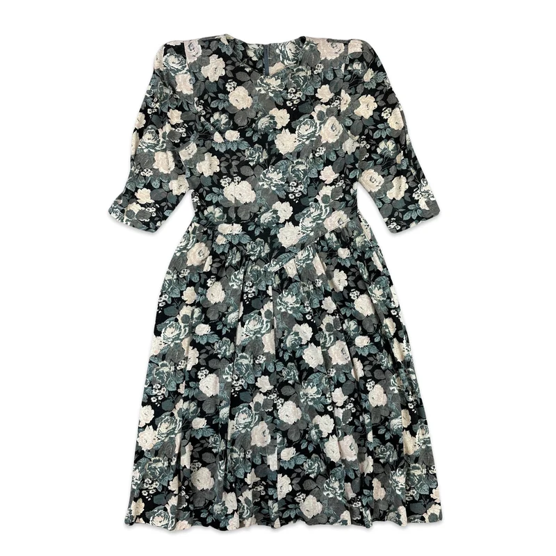80s Vintage Black White Floral Dress 8