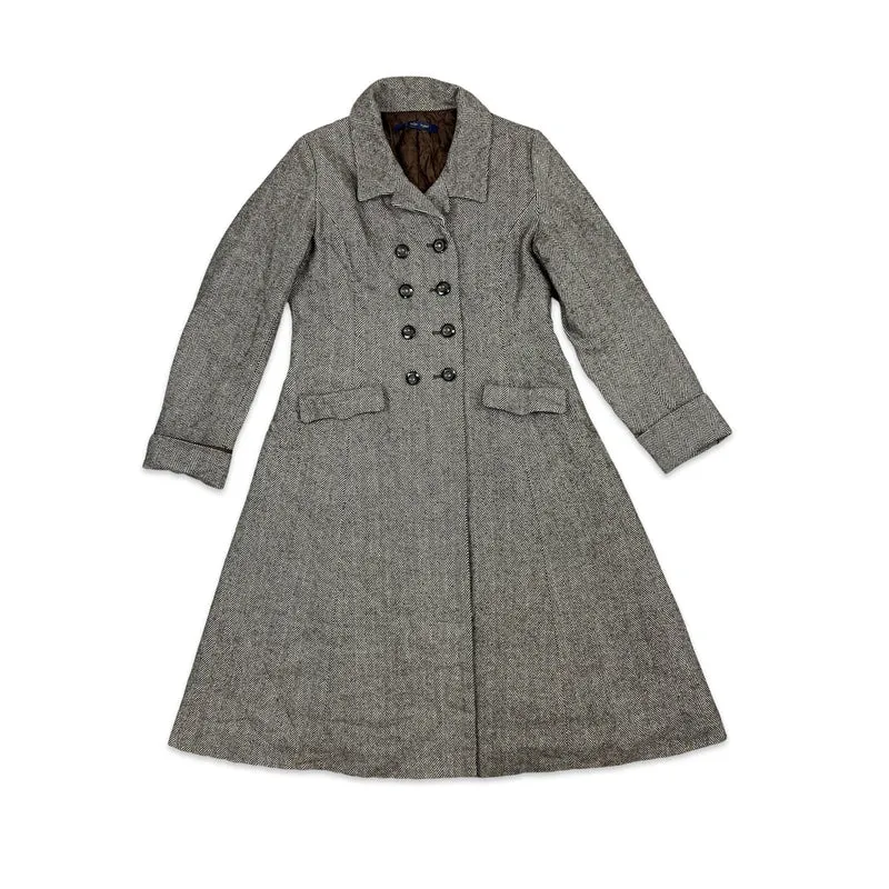 Vintage Wool Long Duster Coat Herringbone Brown Cream 8