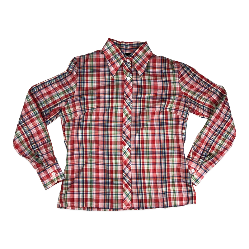 Vintage 70s Blue, Red and Green Plaid Button-up Blouse 16