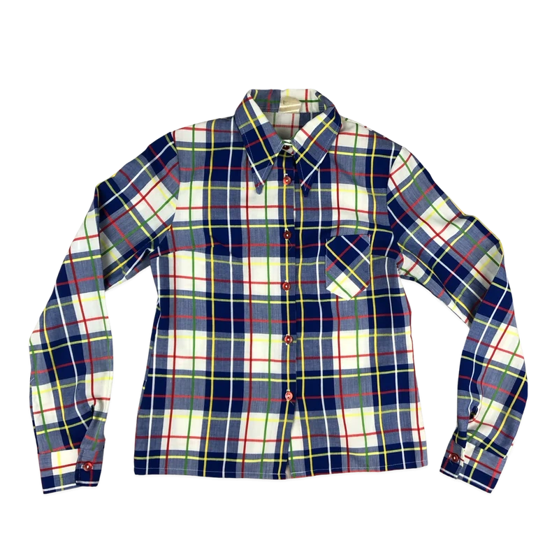 Vintage 70s Blue White Plaid Shirt Blouse 6