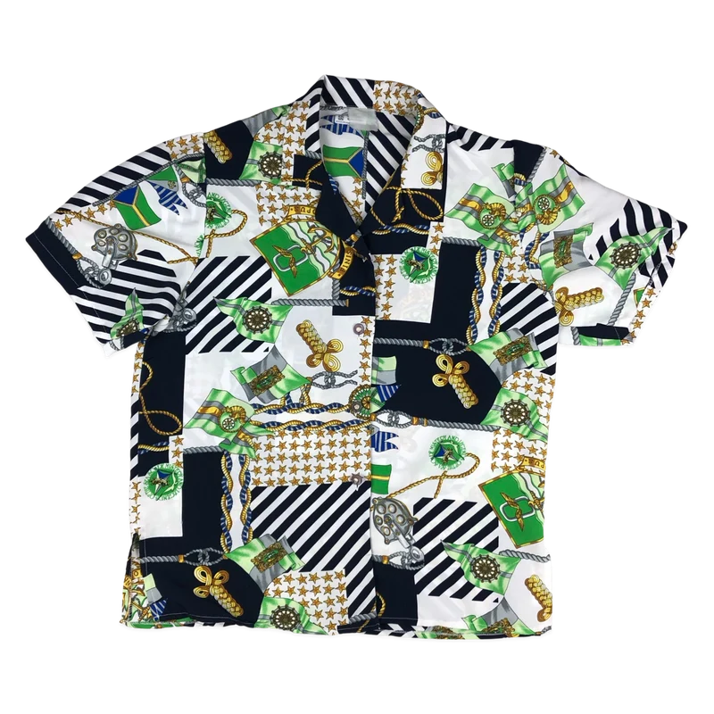 Vintage 80s Navy Green and Gold Abstract Print Blouse 16