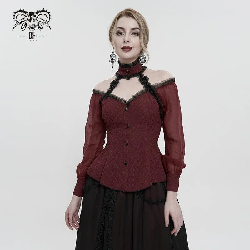 Gothic Strappy Off Shoulder Halterneck Skjorta för kvinnor Röd