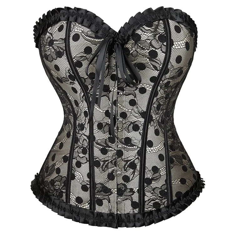 Gothic Strappy Polka Dot Spets Overbust Korsett för kvinnor