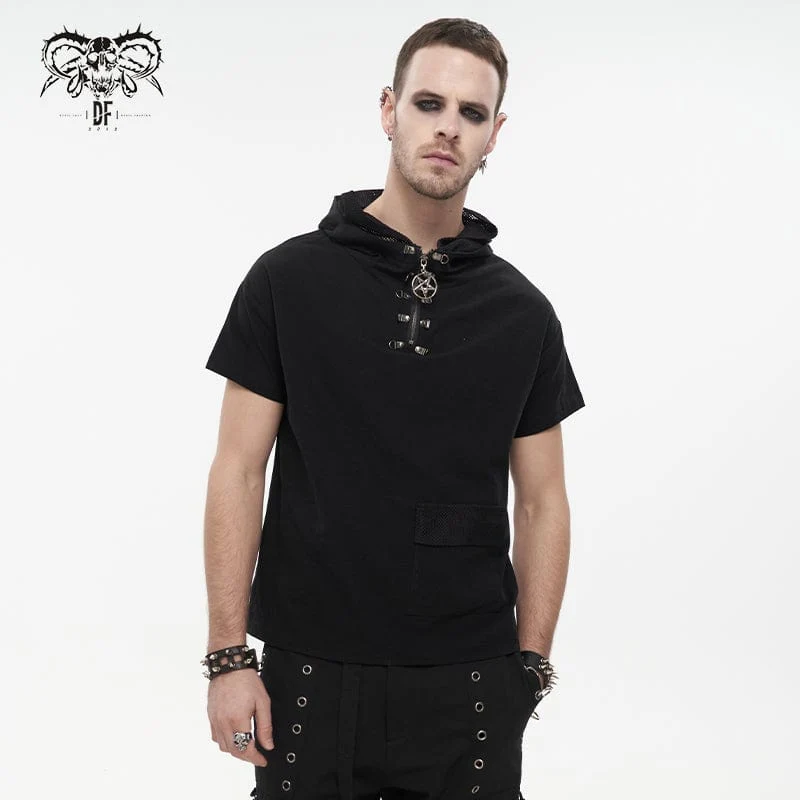 Punk Strappy Mesh Splice Shirt för män med huva