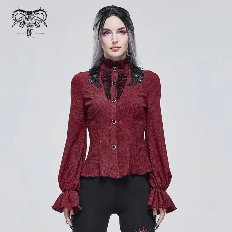 Gothic Strappy Puff Sleeved Ruched Röd skjorta för kvinnor