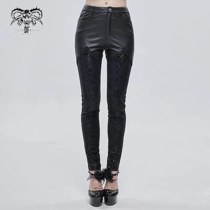 Gothic Lace Splash Leggings i konstläder för kvinnor