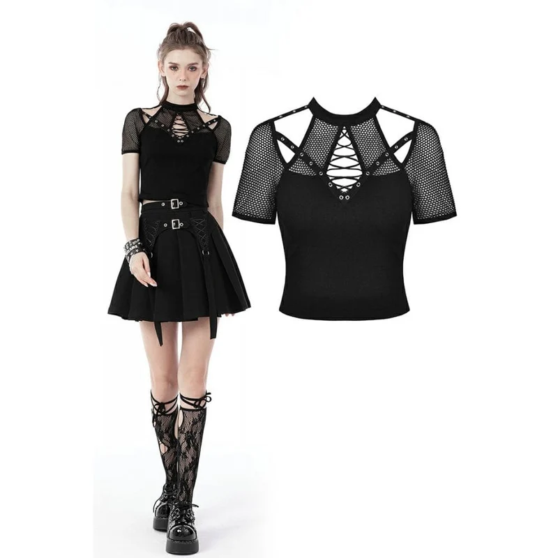 Kvinnors Punk Rock Cutout Kortärmad Mesh Topp