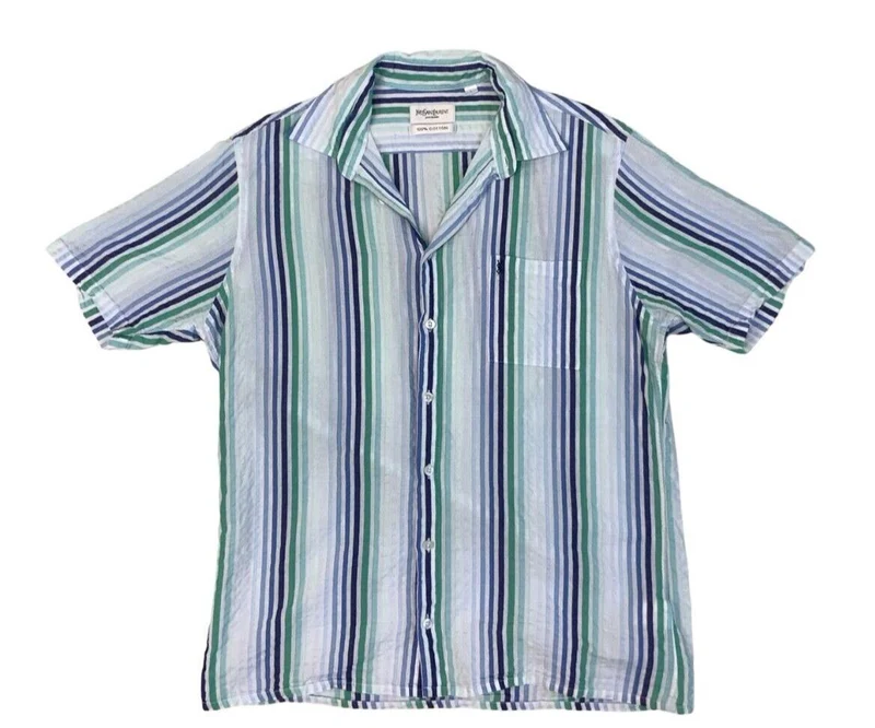 Vintage 1990s Yves Saint Laurent Blue Green White Striped Casual Shirt XL