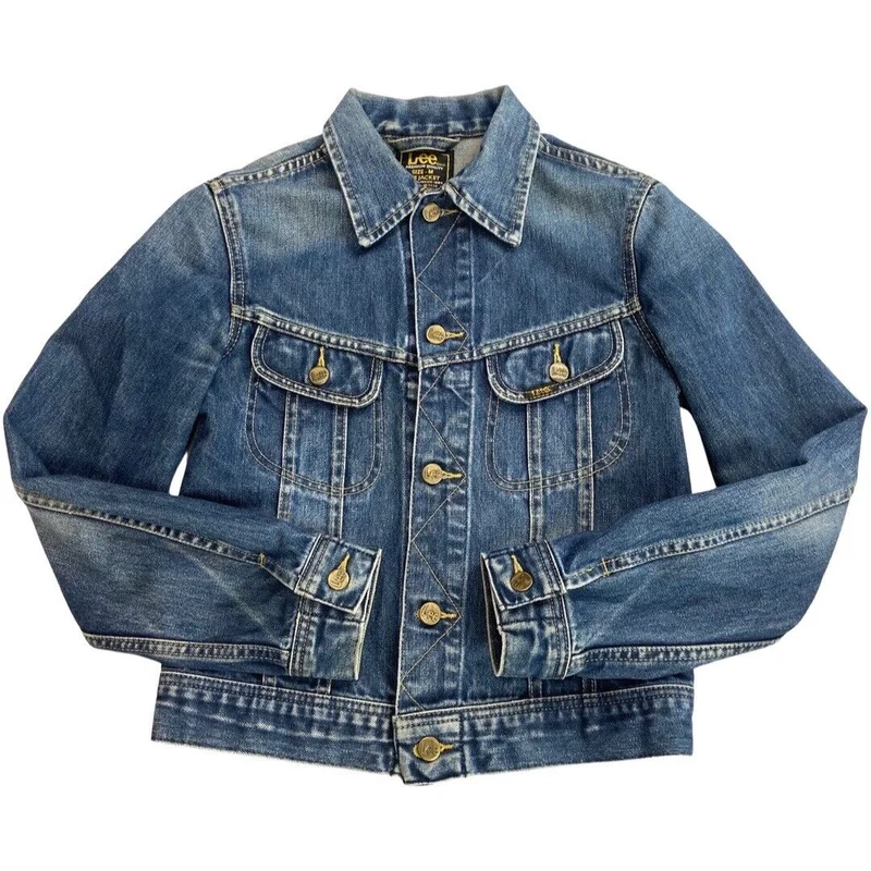 VTG 80s DENIM LEE SLIM TRUCKER RODEO JACKET MOD ROCKABILLY BIKER BOMBER 32” XS