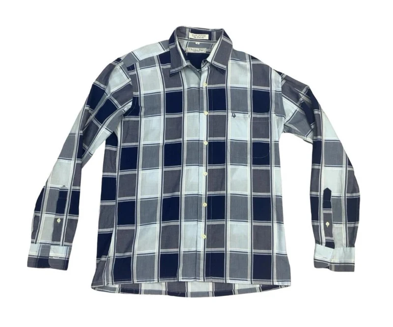 VINTAGE 90s 00s DIOR BLUE NAVY WHITE LONG SLEEVE BUTTON UP CHECKED SHIRT M