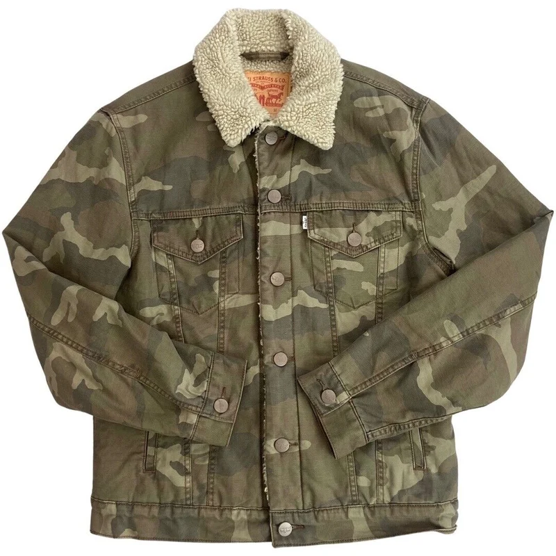 LEVIS WHITE TAB SHERPA LINED CANVAS CAMO TRUCKER JACKET ROCKABILLY TOZZIN 38” S