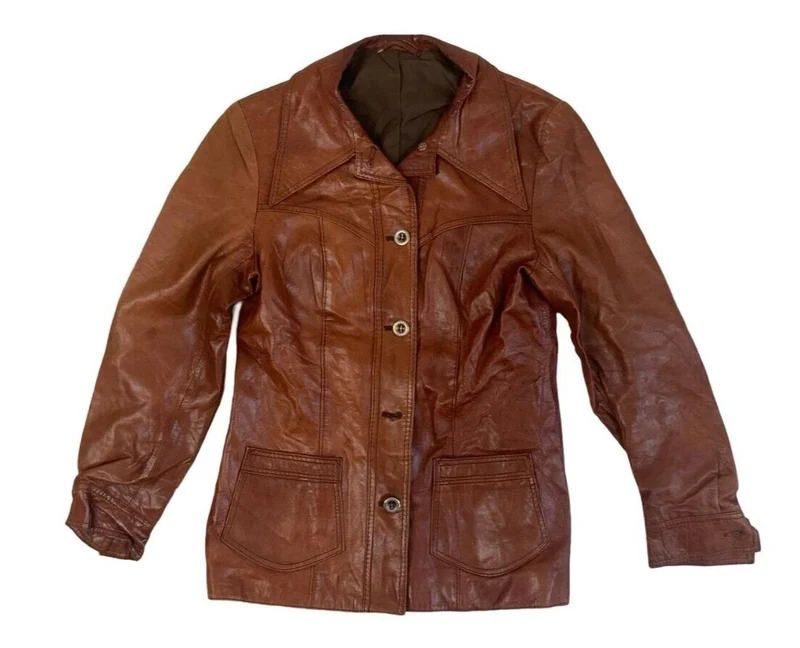 VTG 1970s WOMENS SOFT BROWN LEATHER FITTED LARGE COLLAR JACKET DISCO XXS 32”