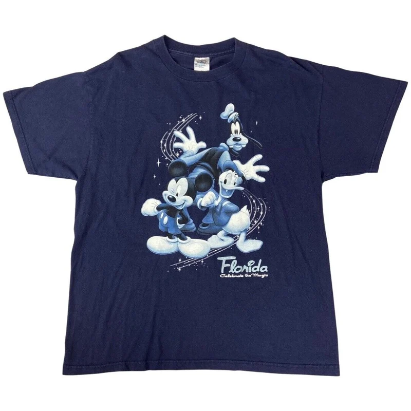 Vintage 90s Navy Disney World Florida Mickey Goofy Donald Graphic T-Shirt Large