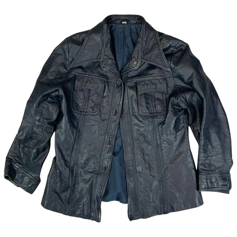 VTG 70s UNISEX BLUE LEATHER JACKET COAT BLAZER BIG COLLARS DISCO MOD 34” XS
