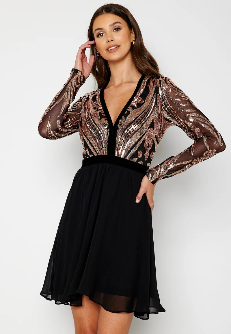 Deep V Sequin Bodice Skater Dress