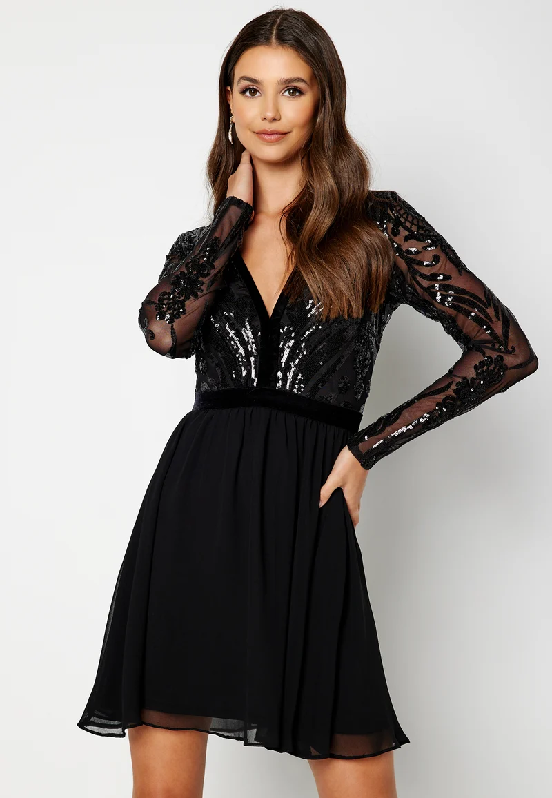 Deep V Sequin Bodice Skater Dress