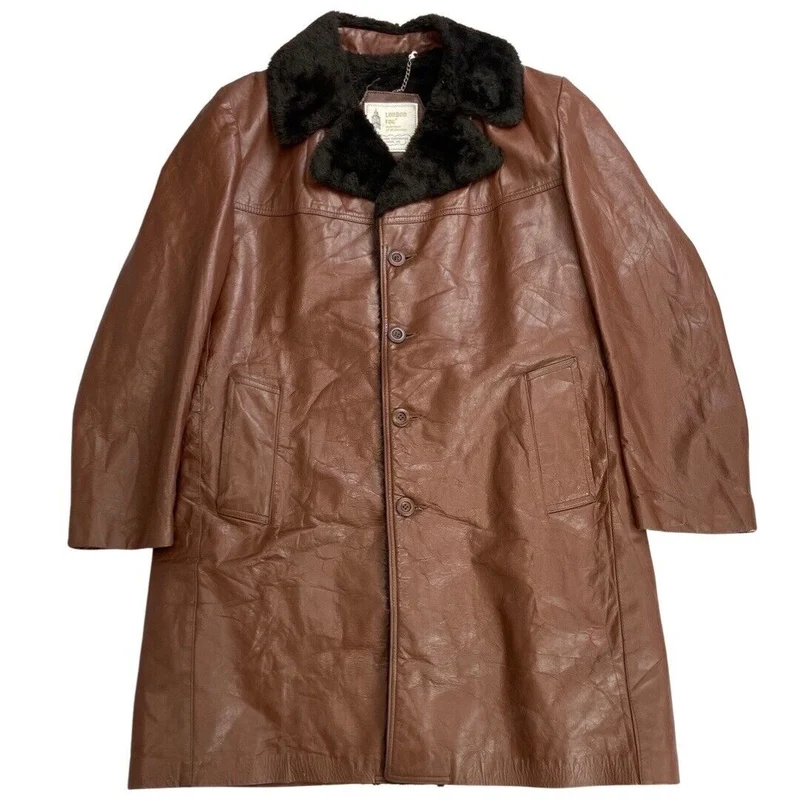 VTG 70s USA MENS LONDON FOG BROWN NAPPA LEATHER SHERPA COLLAR CAR COAT 42” L