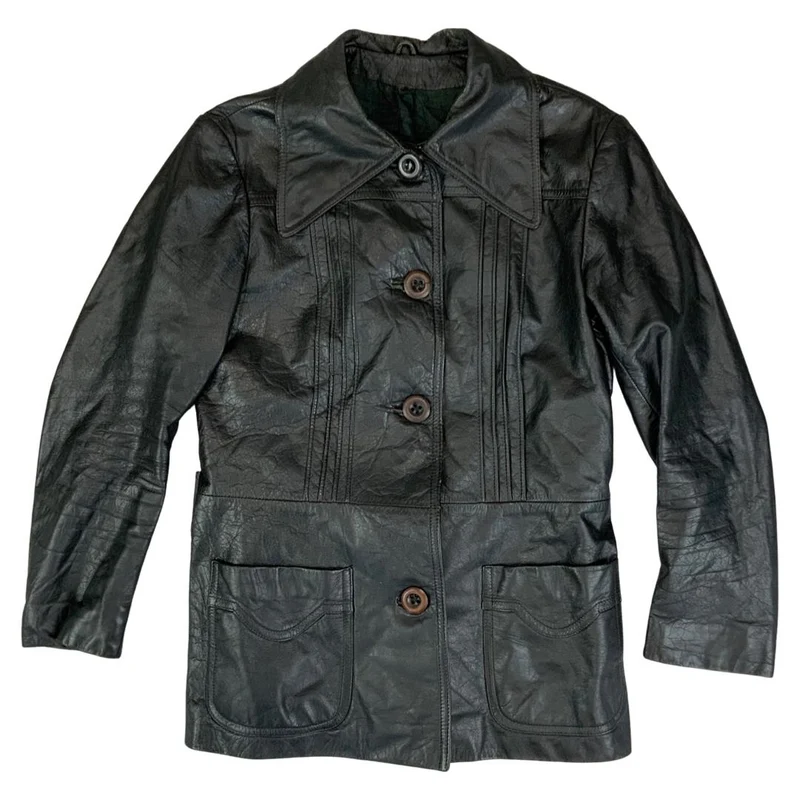 LADIES VTG 70s SOFT BLACK LEATHER BUTTON DOWN JACKET BIG COLLARS MOD SIZE 8/10