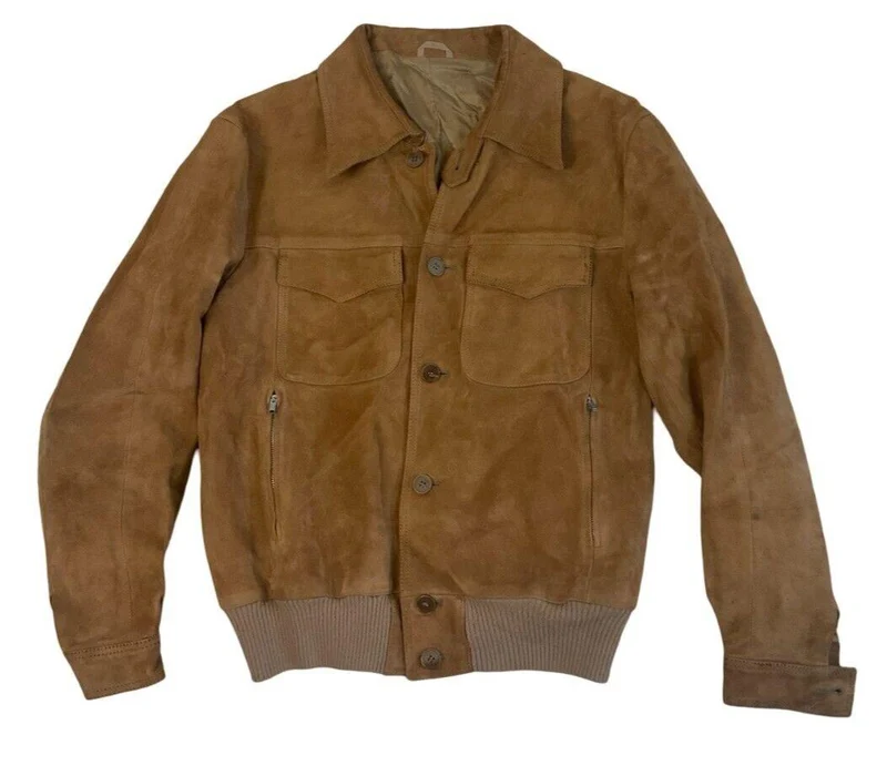 VTG 1970s SOFT SUEDE TAN WESTERN BOMBER JACKET BUTTON DOWN BIG COLLARS MOD S 38