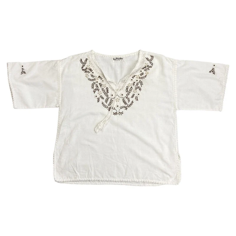 Vintage 90s 00s White Brown Embroidered Handmade Cotton Tunic Smock Blouse Top M