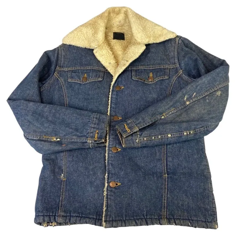 VTG 70S USA SEARS INDIGO ROEBUCKS SHERPA LINED DENIM WESTERN BARN JACKET 38” S