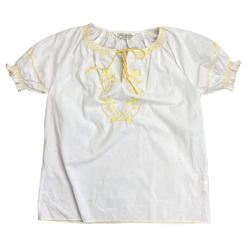 Vintage 90s00s WhiteYellow Embroidered Floral Motif Tunic Smock Blouse Top M/L