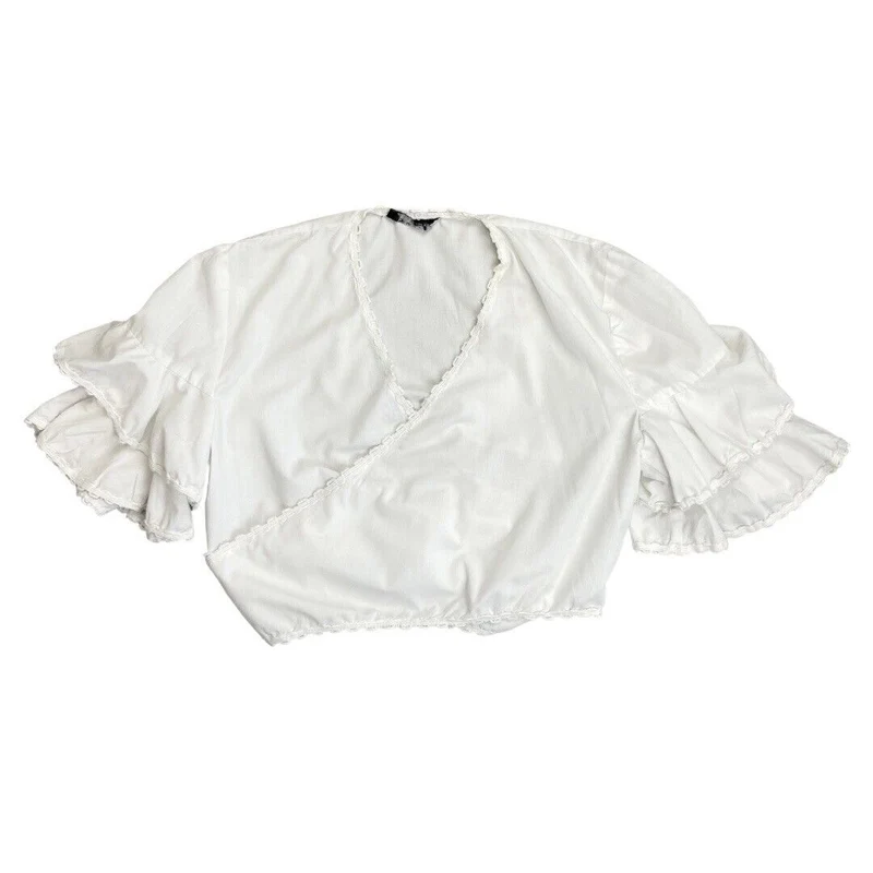Vintage 90s00s White Cropped Cotton Cross Wrap Tie Up Blouse Top M 12/14
