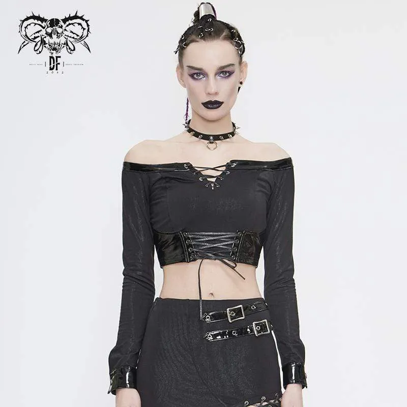 Gothic off Shoulder-snörning för damer i konstläder, detaljerad Crop Top