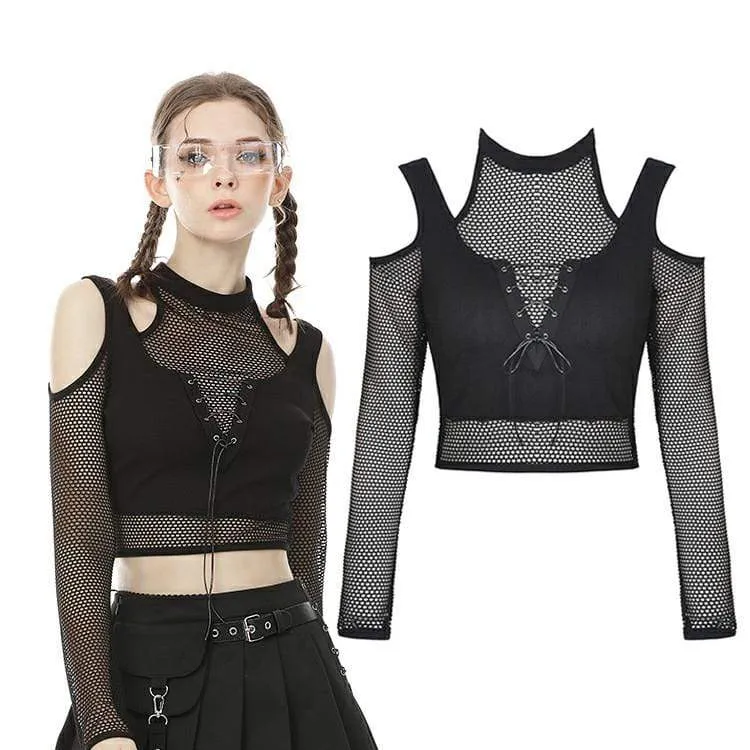 Punk Cutout Shoulder Sheer Mesh Toppar för kvinnor