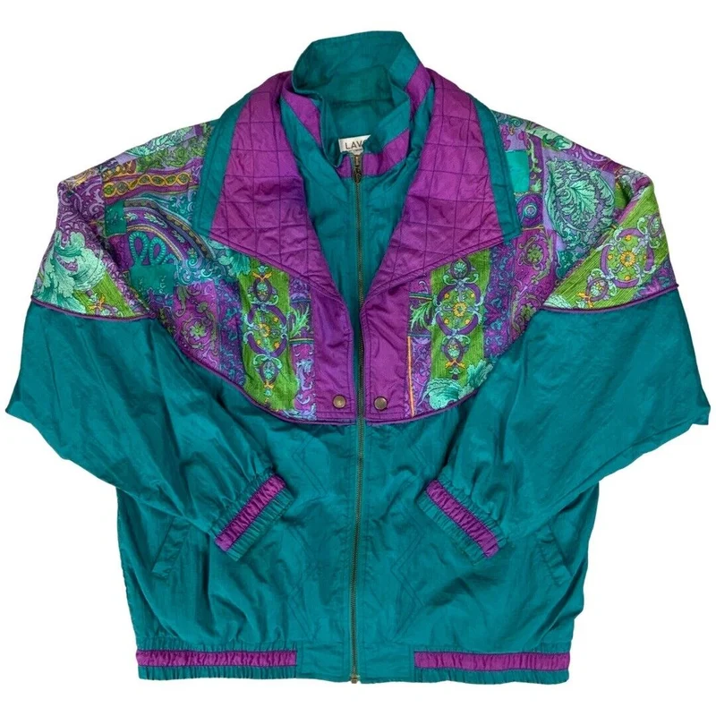 Vintage 80s90s Green Purple Lavon Baroque Floral Print Shell Bomber Jacket XXL