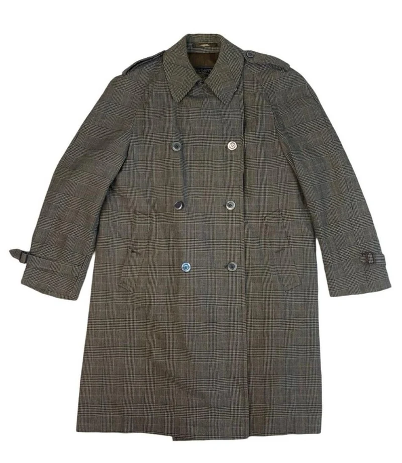 VTG 80s BURBERRYS CHECKED GREY BLACK RED WOOL TRENCH COAT DOUBLE BREASTED L