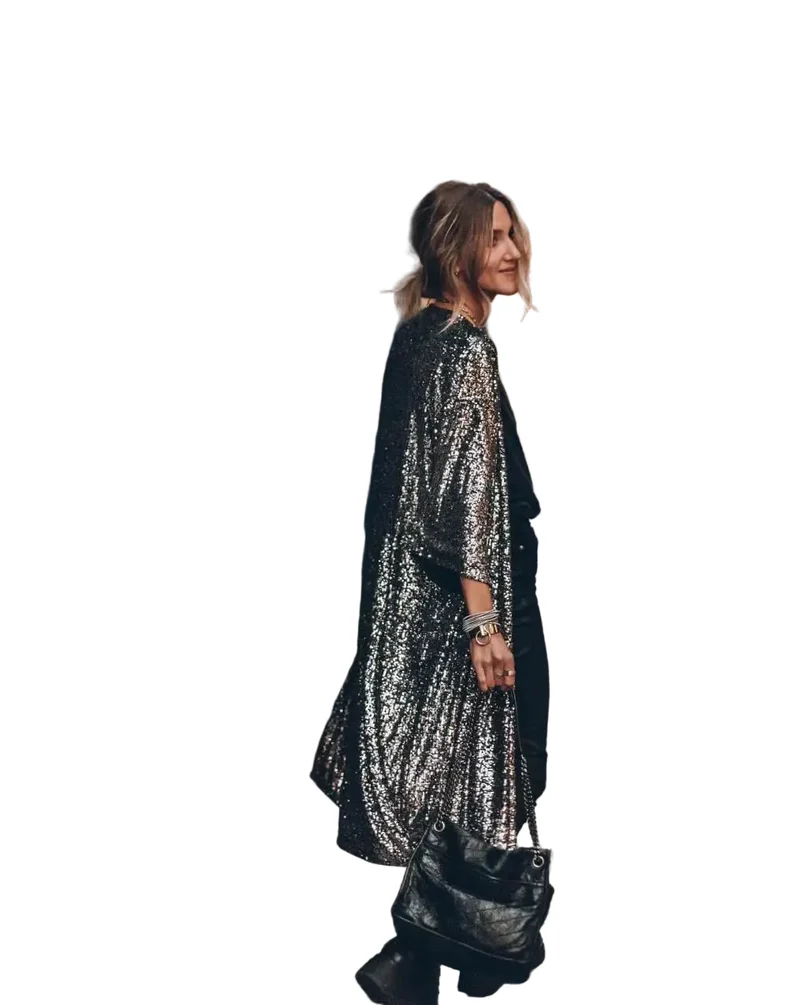 Dam Kimono med Paljetter och 3/4-ärmar