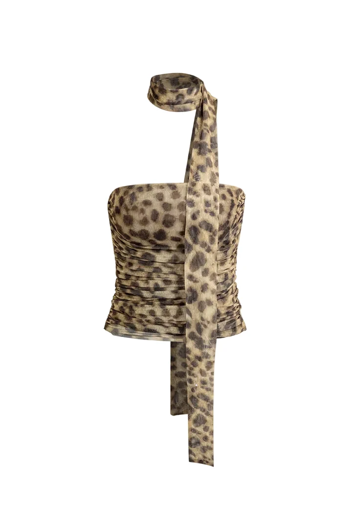 Kvinnors Haltertop i Mesh med Leopardtryck
