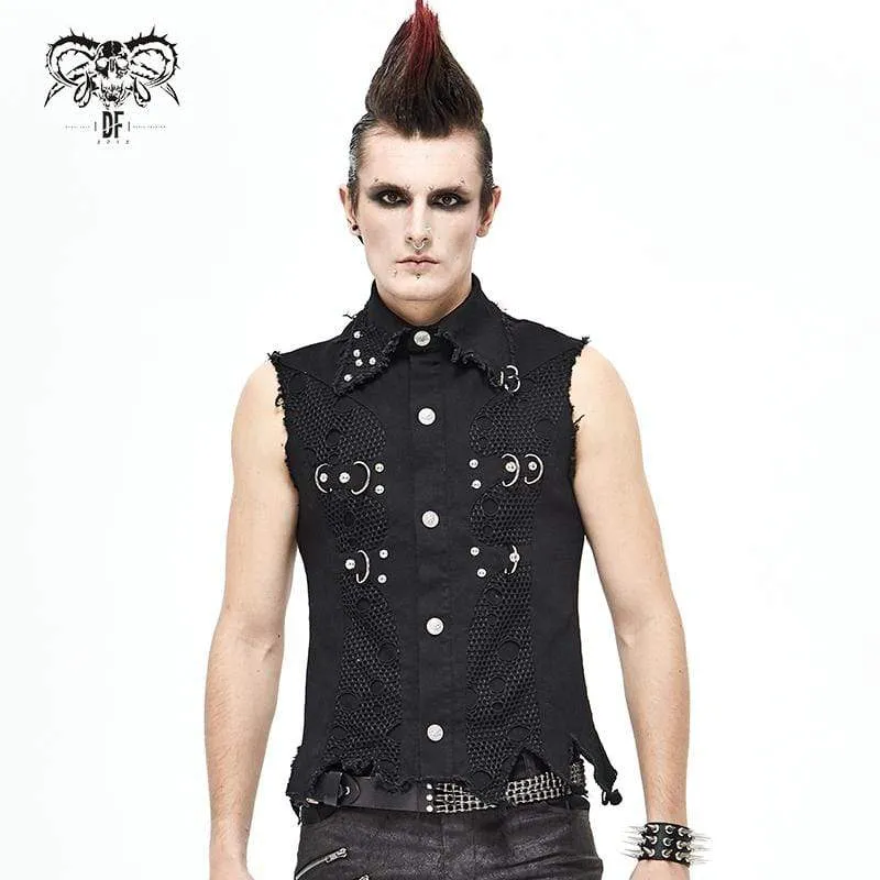 Gothic Punk Ripped Turndown-krage svart skjorta för män med oregelbunden fåll