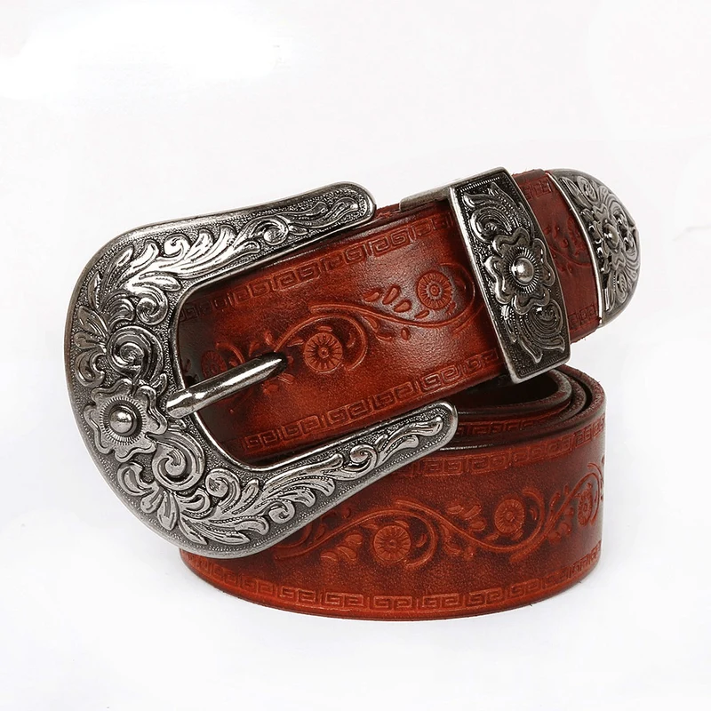 Gothic Floral Carving Cowhide Bälten för män