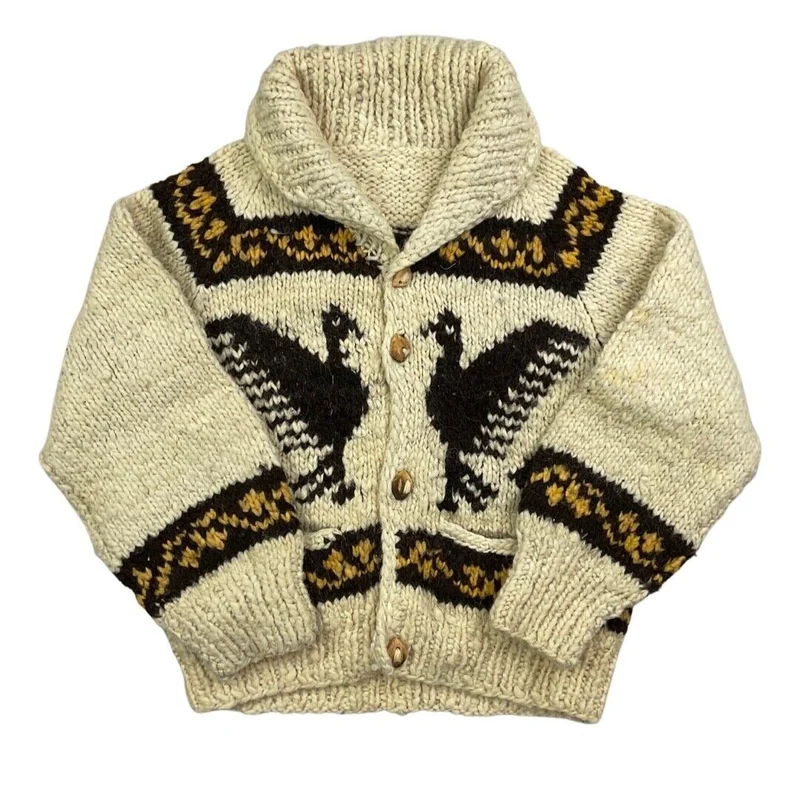 VINTAGE 60s LADIES CREAM WOOL COWICHAN GRAPHIC KNIT ROCKABILLY CARDIGAN 34” XS