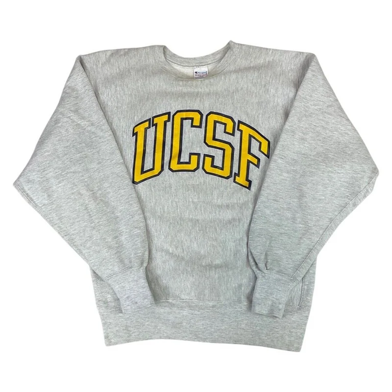 Vintage 90s Grey UCSF Champion Logo Print Reverse Weave Crew Neck Jumper L