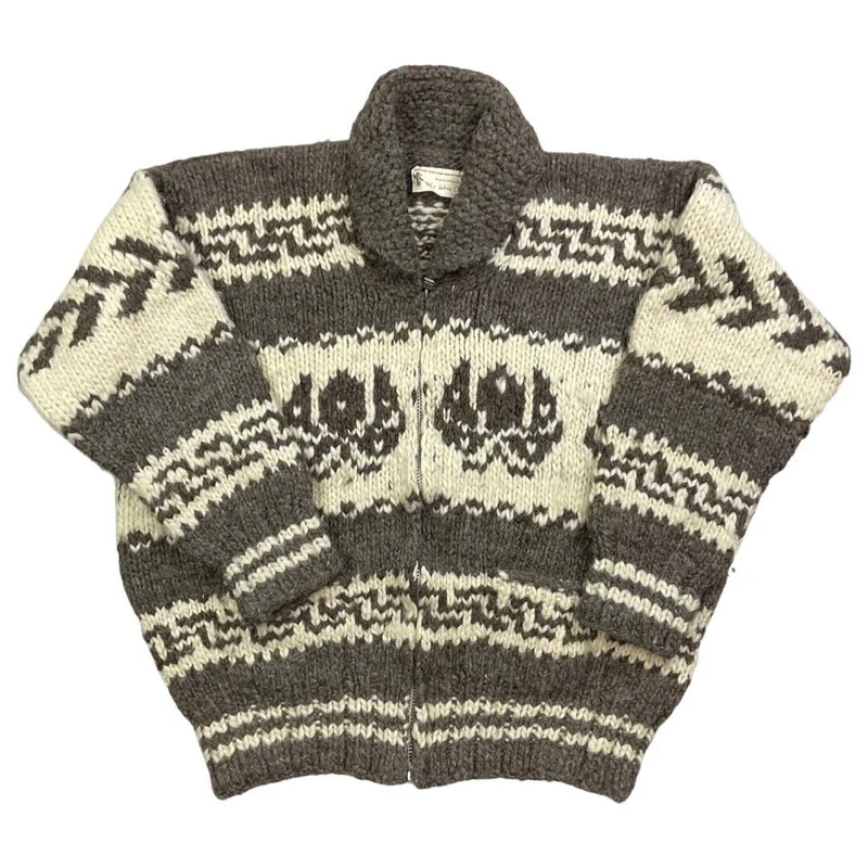 VTG MENS WOOL NATIVE CANADIAN COWICHAN GRAPHIC KNIT ROCKABILLY CARDIGAN 48”
