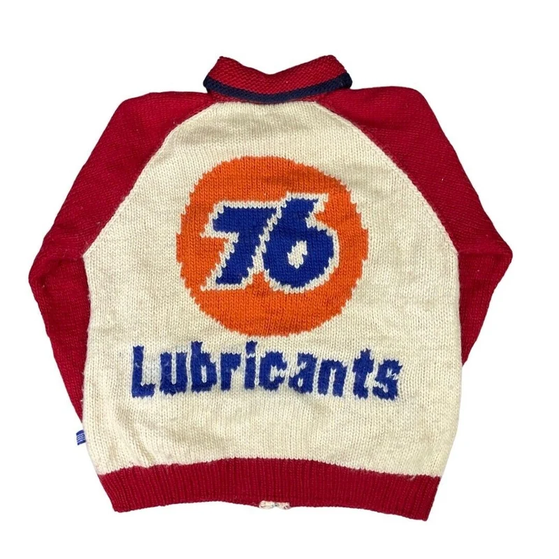 VTG MENS WOOL 76 GAS STATION COWICHAN GRAPHIC KNIT ROCKABILLY CARDIGAN VW 42”