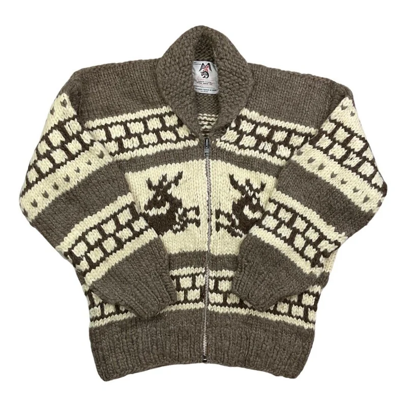 VINTAGE 70s MENS WOOL COWICHAN GRAPHIC KNIT ROCKABILLY CARDIGAN 46” L